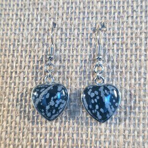 Snowflake Obsidian Heart Gemstone Pendant Dangle Earrings